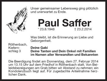 Traueranzeige von Paul Saffer von Pegnitz-Zeitung